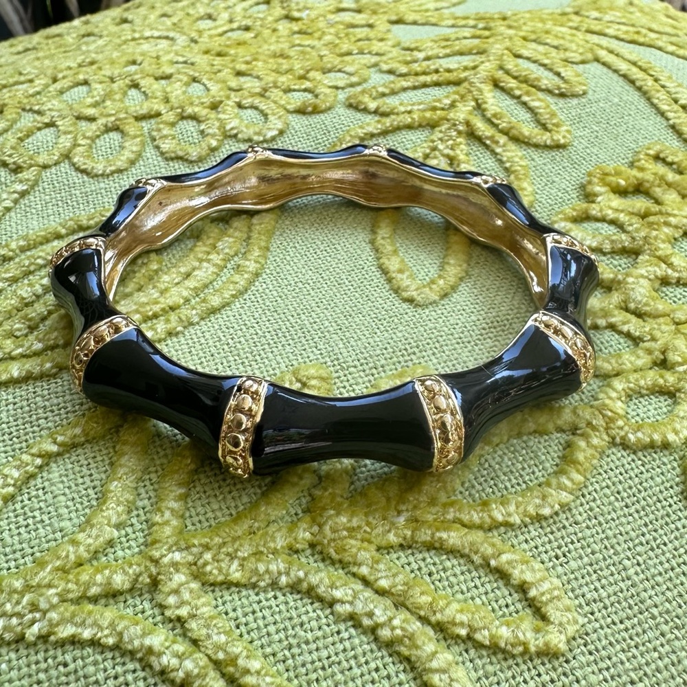 Kenneth Jay Lane Gold Plated Black Enamel Bamboo Bangle Bracelet Vintage - Picture 4 of 9